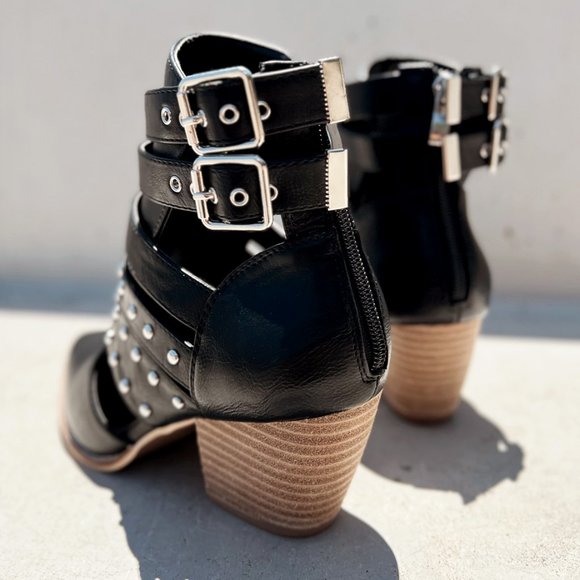 NEW Black Studded Cutout Buckle Strap Pointy Toe Block Heel Ankle Booties Vegan - Picture 6 of 16